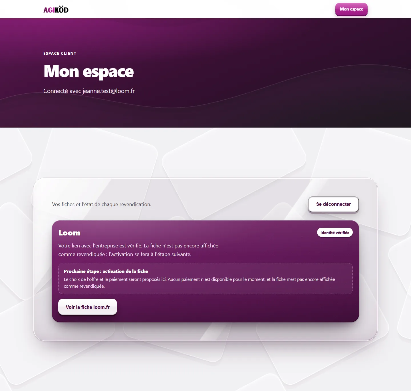 Capture de l’espace client Agikod
