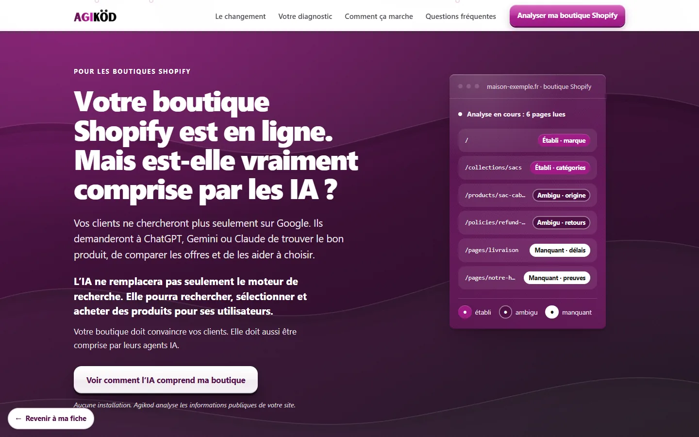 Capture de la landing Shopify d’Agikod