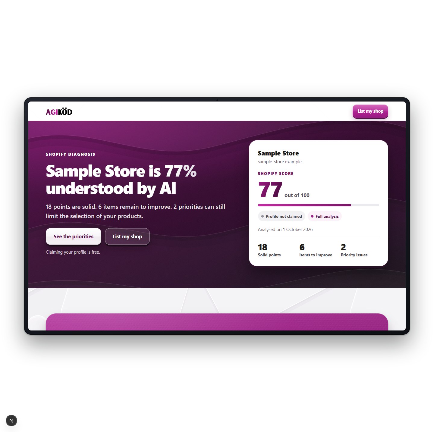 Screenshot of an Agikod results profile